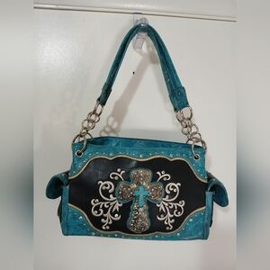 Women's Turquoise Bling Rhinestone Cross concealed carry purse swirl handbag